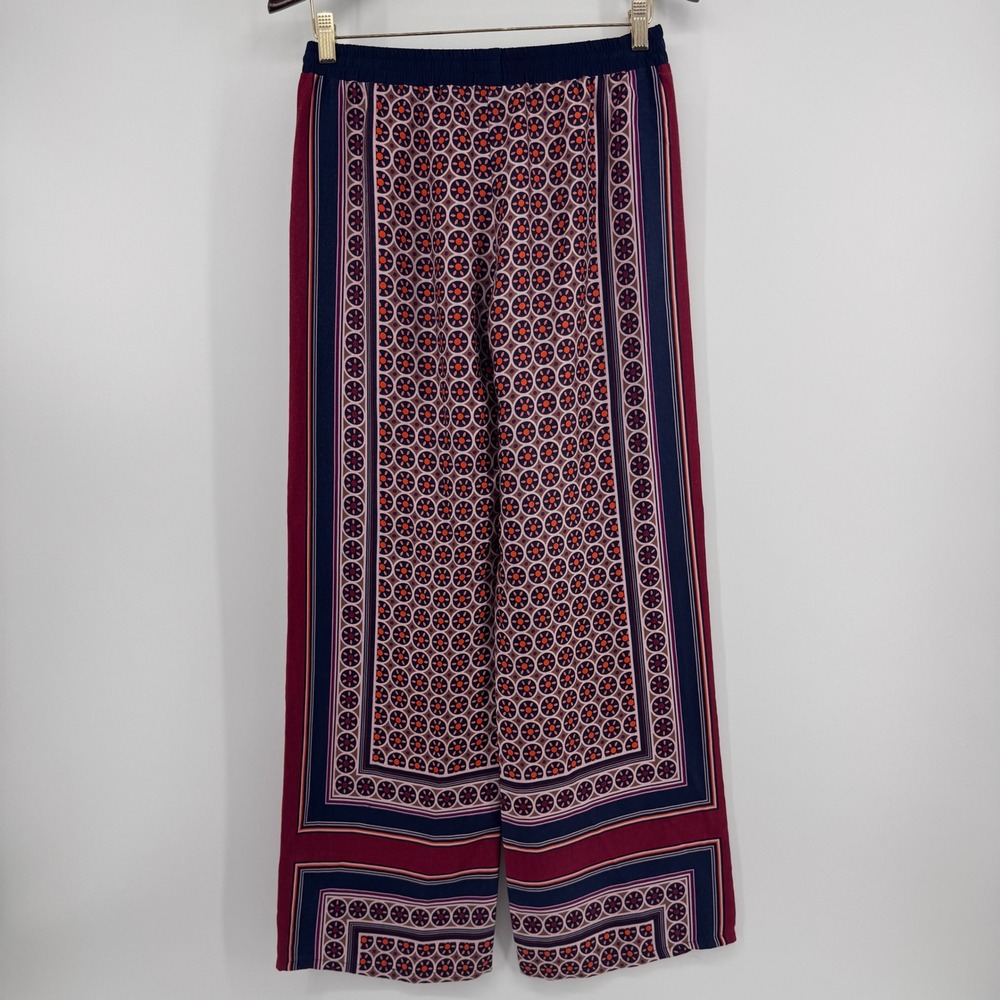 Trina Turk Womens Small Medallion Print Wide Leg Silk Trim Pants Navy Burgundy - Picture 10 of 10